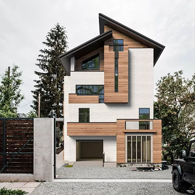 Modern Single Family House Exterior With Two Story Wood White Siding Garage And Trees 3d model
