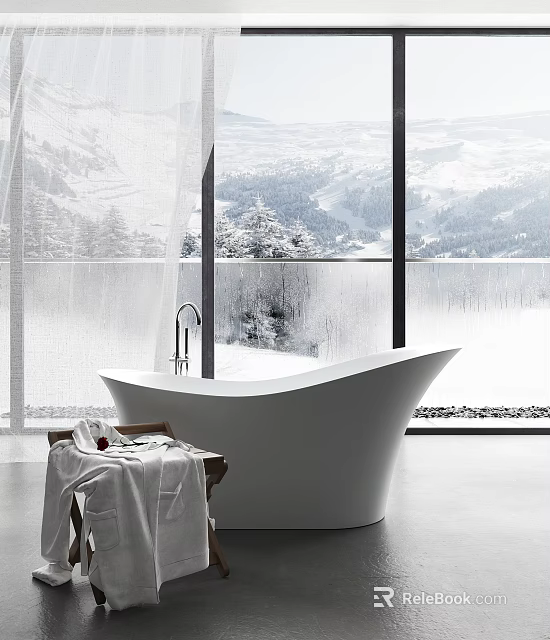 White Bathtub with Large Windows Overlooking Snowy Mountains Trees and Side Cart Holding Towels 3d model 