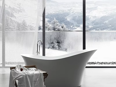 White Bathtub with Large Windows Overlooking Snowy Mountains Trees and Side Cart Holding Towels 3d model