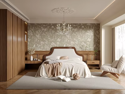 Modern Elegant Bedroom Interior With Wooden Wardrobe Patterned Wallpaper Chandelier Bed Rug And Chair 3d model