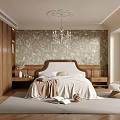 Modern Elegant Bedroom Interior With Wooden Wardrobe Patterned Wallpaper Chandelier Bed Rug And Chair