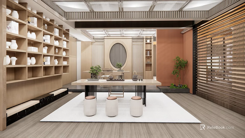 Traditional Chinese Tea House Interior With Wooden Shelves Tea Table And Decorative Plants 3d model 