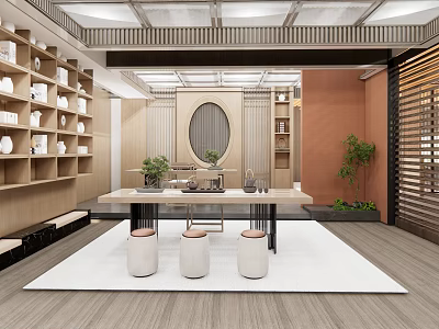 Traditional Chinese Tea House Interior With Wooden Shelves Tea Table And Decorative Plants 3d model