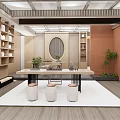 Traditional Chinese Tea House Interior With Wooden Shelves Tea Table And Decorative Plants