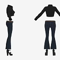 Stylish Black Cropped Jacket And Blue Flared Jeans With Brown Belt And Black Shoes