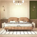 Modern Bedroom Interior With Beige Round Padded Headboard Slatted Mattress Base And Wall Lamps