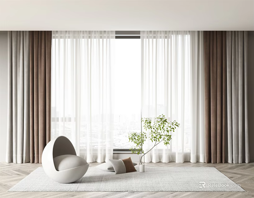 White Sheer Curtains And Brown Gray Drapes By Window With Chair Green Plant And Rug 3d model 