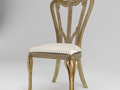 Elegant Wooden Dining Chair With Carved Backrest Gold Legs And Striped Cushion 3d model