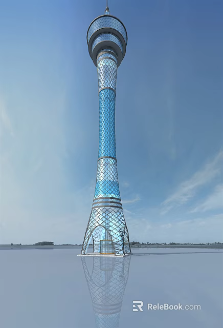 Modern Blue Glass Tower With Grid Pattern Design Against Clear Blue Sky Elegant Exterior Architecture 3d model 
