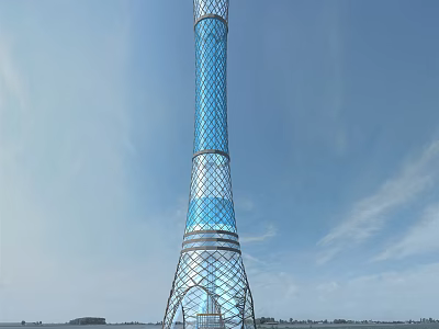 Modern Blue Glass Tower With Grid Pattern Design Against Clear Blue Sky Elegant Exterior Architecture 3d model