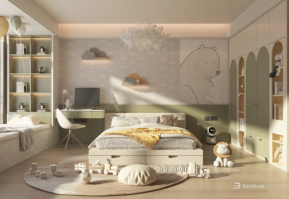 Kids Bedroom With Bear Wall Art Cloud Decorations Chandelier Study Desk And Storage Cabinets 3d model 