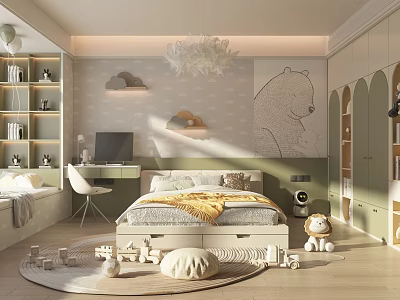 Kids Bedroom With Bear Wall Art Cloud Decorations Chandelier Study Desk And Storage Cabinets 3d model