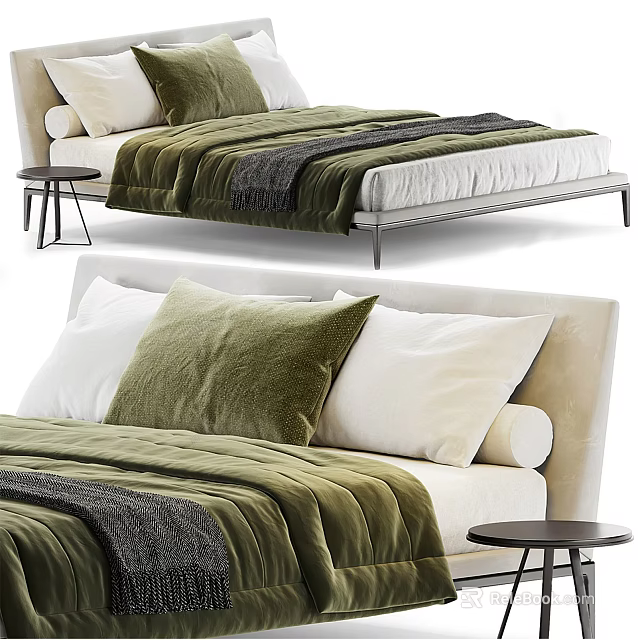 Luxury Double Bed with Green White Pillows and Cozy Blanket Design 3d model 