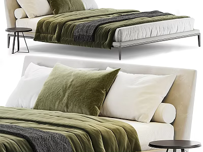 Luxury Double Bed with Green White Pillows and Cozy Blanket Design 3d model