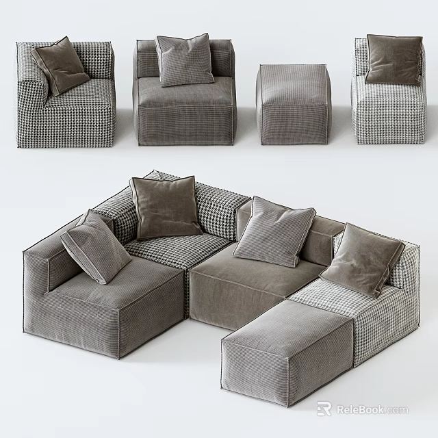 Modern Modular Sofa Set With Checkered Fabric Modules Ottoman And Plush Pillows 3d model