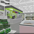 Supermarket Grocery Interior With Instant Food Shelves Bright Lighting And Counter