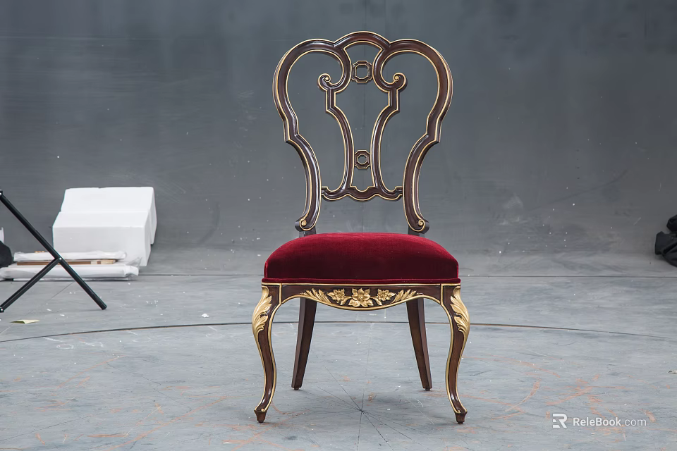 Classical Carved Wooden Dining Chair With Gold Accents And Red Velvet Upholstered Seat 3d model 