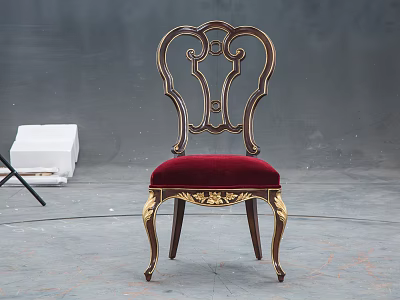 Classical Carved Wooden Dining Chair With Gold Accents And Red Velvet Upholstered Seat 3d model