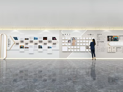 Modern Activity Exhibition Wall With Photo Displays Text Information And Visitor Viewing 3d model