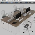 Modern Office Workstation Desk With Wooden Top Metal Frame Multiple Monitors Keyboards And Ergonomic Chairs