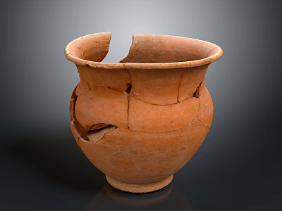 Broken Clay Pot With Visible Cracks And Chipped Rim On Dark Background 3d model