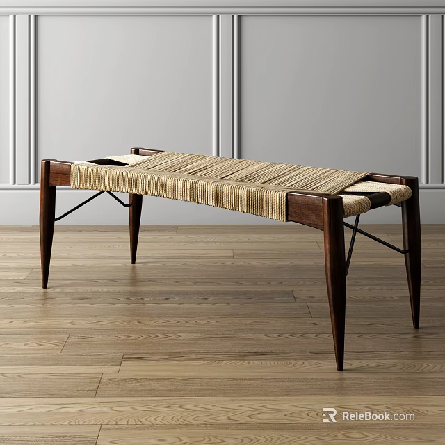 Modern Public Bench With Wooden Frame Woven Seat And Slender Legs 3d model 