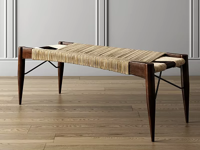 Modern Public Bench With Wooden Frame Woven Seat And Slender Legs 3d model