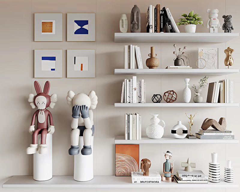 Modern Decorative Ornaments Collection with Rabbit Figurines Books Vases Plants and Artworks for Home Shelf 3d model 