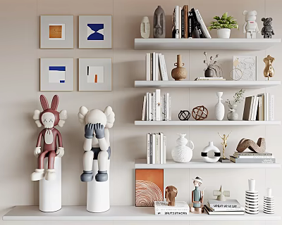 Modern Decorative Ornaments Collection with Rabbit Figurines Books Vases Plants and Artworks for Home Shelf 3d model