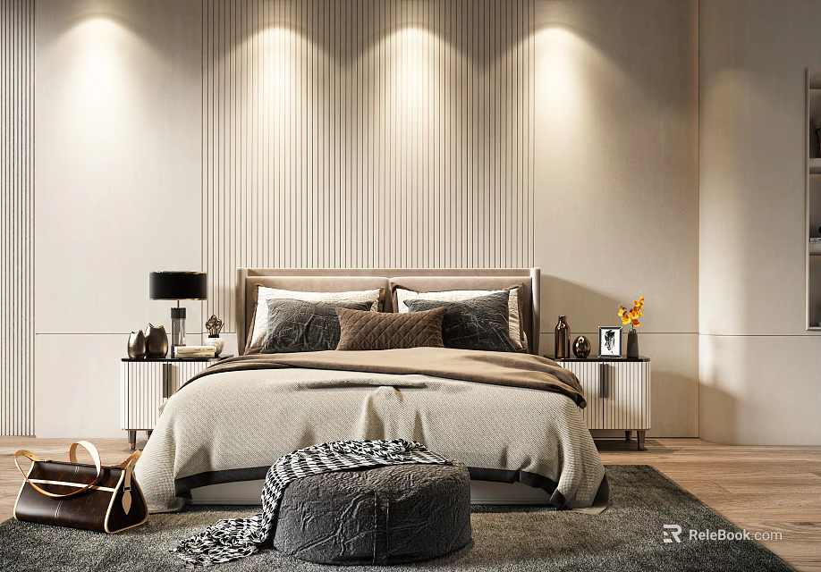 Modern Double Bed With Upholstered Headboard Pillows Nightstands And Recessed Lighting 3d model 