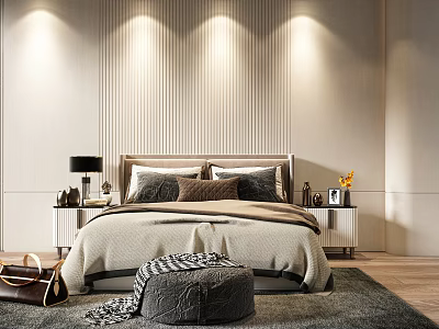 Modern Double Bed With Upholstered Headboard Pillows Nightstands And Recessed Lighting 3d model