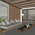 Natural Living Room Sofa Coffee Table Combination With Wooden Ceiling Decorative Painting And Green Plants