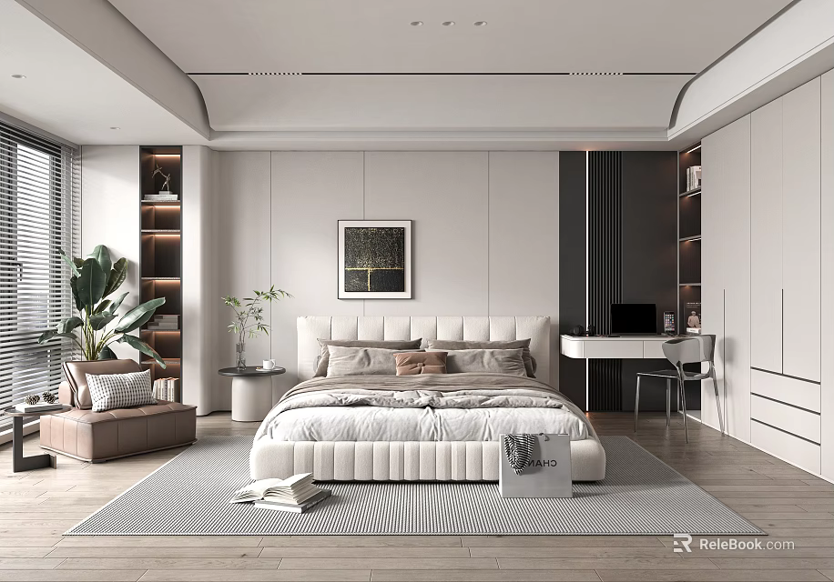 Modern Minimalist Bedroom Interior With Upholstered Headboard Decorative Pillows Area Rug And Potted Plant 3d model 