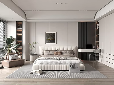 Modern Minimalist Bedroom Interior With Upholstered Headboard Decorative Pillows Area Rug And Potted Plant 3d model