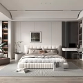 Modern Minimalist Bedroom Interior With Upholstered Headboard Decorative Pillows Area Rug And Potted Plant