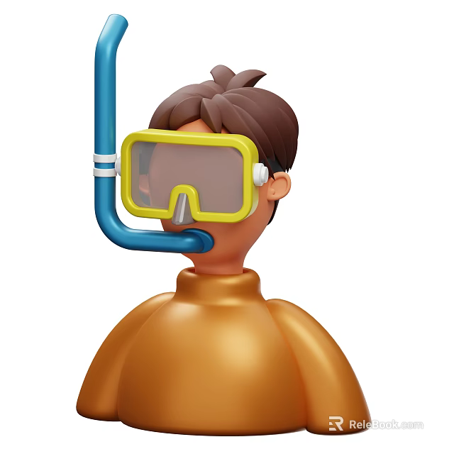 Man In Orange Wetsuit Wearing Yellow Diving Mask And Blue Snorkel 3d model 
