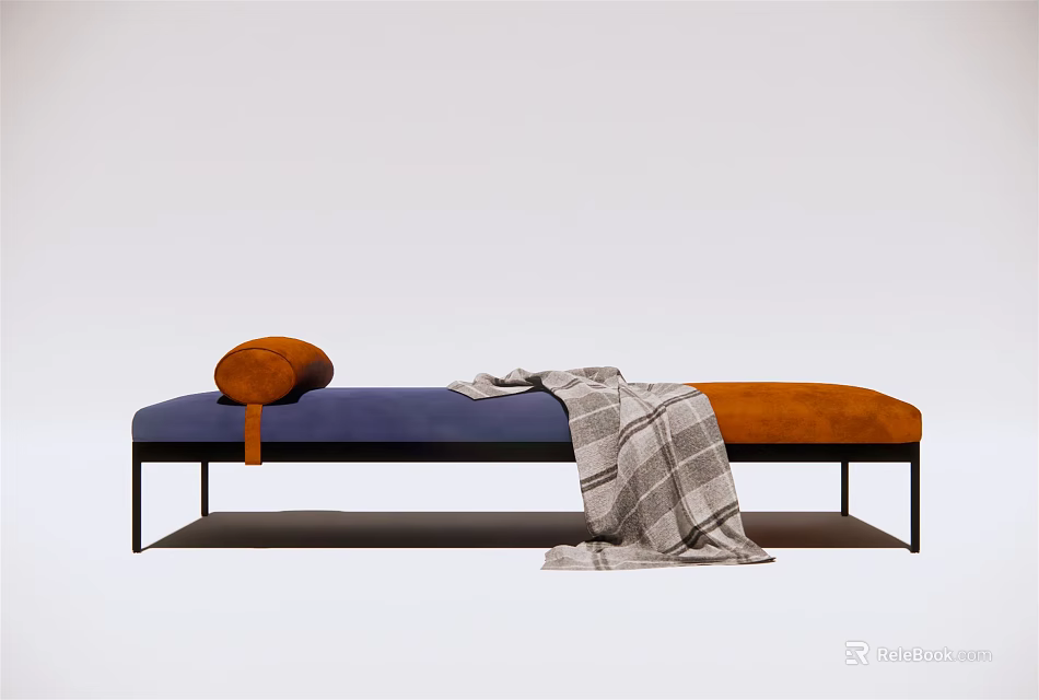 Modern Ottoman With Blue Orange Upholstery Pillow Checkered Blanket And Metal Legs 3d model 