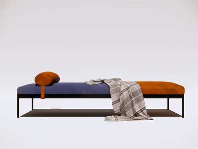 Modern Ottoman With Blue Orange Upholstery Pillow Checkered Blanket And Metal Legs 3d model