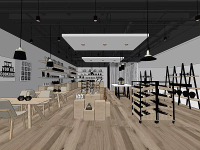 Modern Mall Store Interior With Shelves Displayed Products Tables Chairs And Hanging Lights 3d model