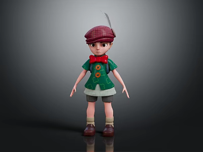 Cartoon Character In Red Plaid Hat Feather Green Shirt Bow Tie Shorts And Brown Shoes 3d model