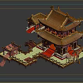 Cartoon Chinese Traditional Building Scene With Golden Roof And Red Decorations