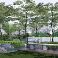 Modern Garden Landscape Wall Design With Trees Lawn Stone Bench And Flowers