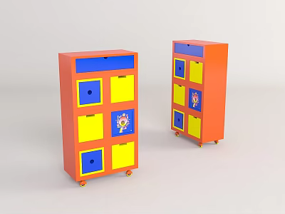 Colorful Decorative Storage Cabinet With Orange Body Yellow Blue Panels And Wheels 3d model