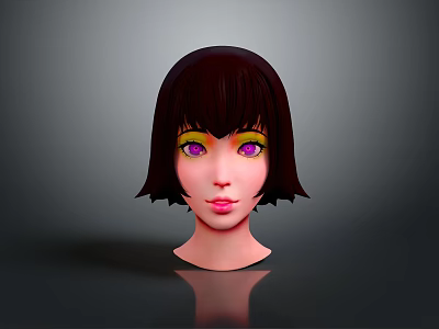 Stylized 3D Female Character Head With Brown Short Hair Purple Eyes And Yellow Eyeshadow 3d model