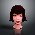 Stylized 3D Female Character Head With Brown Short Hair Purple Eyes And Yellow Eyeshadow