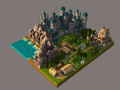 Cartoon Style Blocky Castle Scene With Towers Domes Green Mountains Blue Water And Trees 3d model