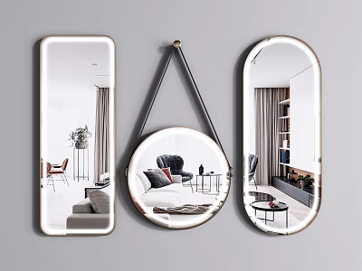 Rectangular Round and Oval Mirrors Hanging on Gray Wall Reflecting Interior Furniture Scenes 3d model