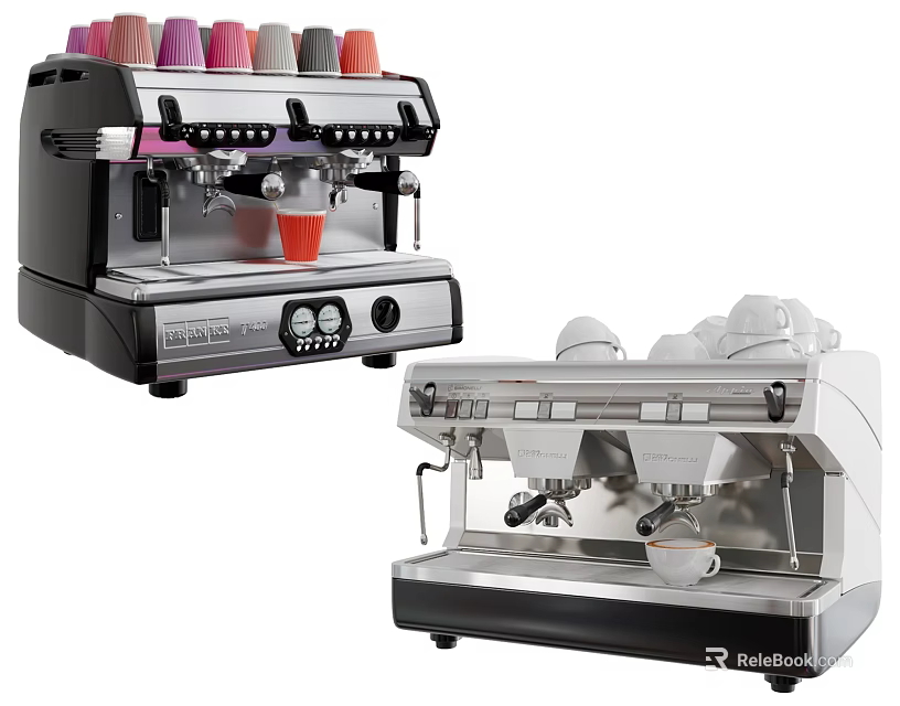 Modern Kitchen Appliances Featuring Black Silver White Coffee Machines With Colorful Cups 3d model 