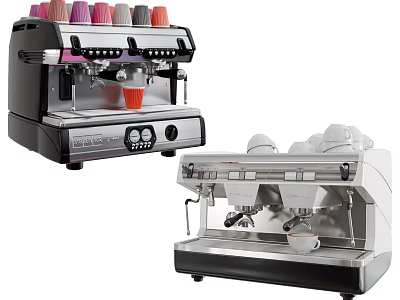 Modern Kitchen Appliances Featuring Black Silver White Coffee Machines With Colorful Cups 3d model