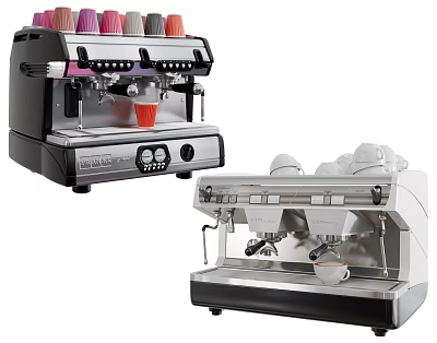 Modern Kitchen Appliances Featuring Black Silver White Coffee Machines With Colorful Cups 3d model